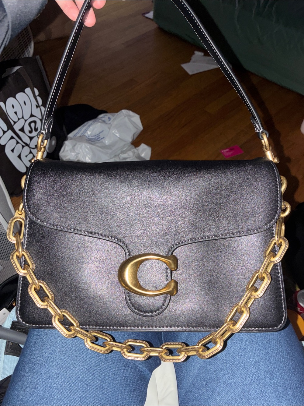 Coach Black Leather Shoulder Bag with Gold Chain